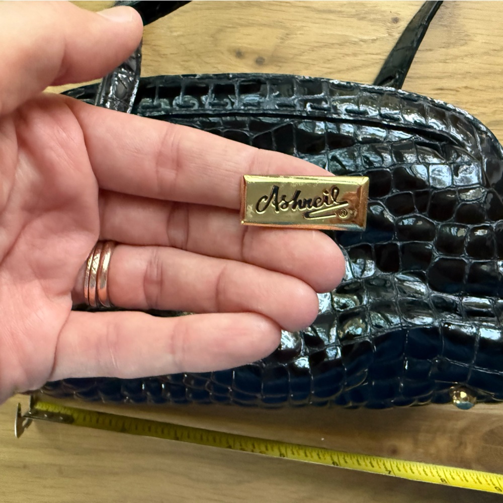 Ashreil Black Croc-Embossed Bag with Gold Detail